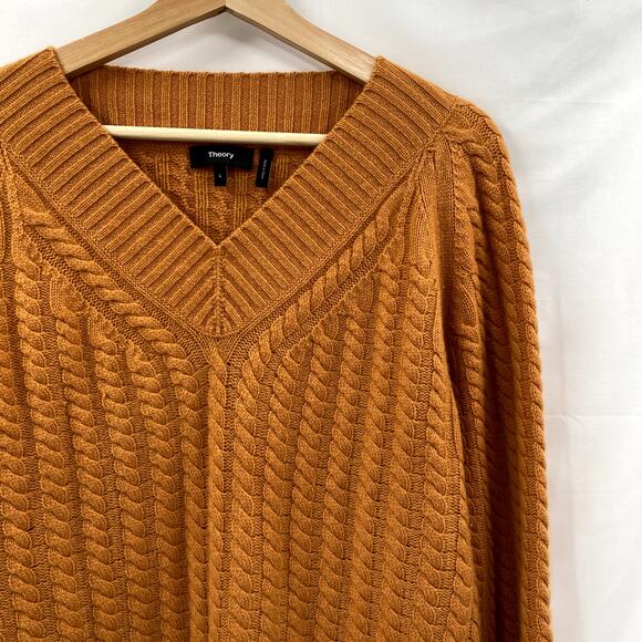 Theory orange textured pullover cashmere cable knit sweater - Picture 3 of 6